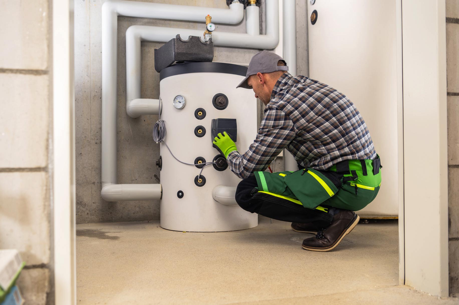 A worker in a cap and gloves from Eric Sabo Plumbing Heating & Cooling checks settings on a large white water heater or boiler in a utility room.