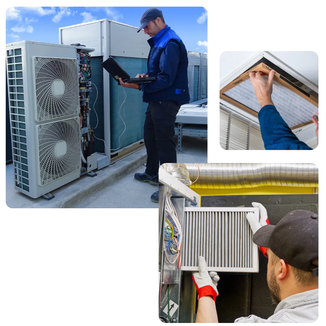 HVAC Technician Inspecting Air Conditioner Unit and Filter HVAC technician inspects an outdoor air conditioner unit with a laptop and replaces an air filter on another unit.