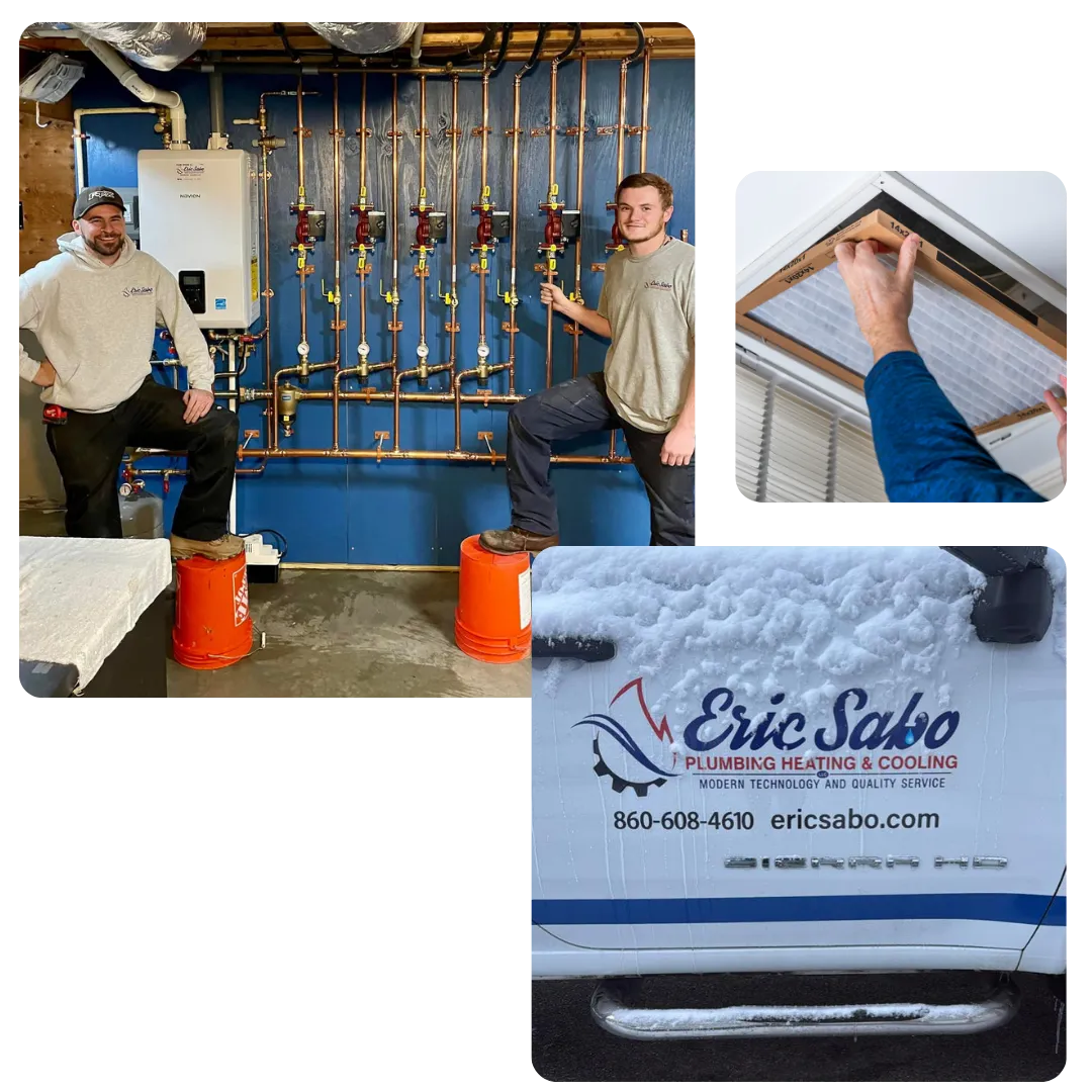 Benefits Of Choosing Reliable Technicians Canterbury Connecticut Two men, Eric Sabo and an employee, in a service area with plumbing equipment, with an HVAC filter and company truck in backg