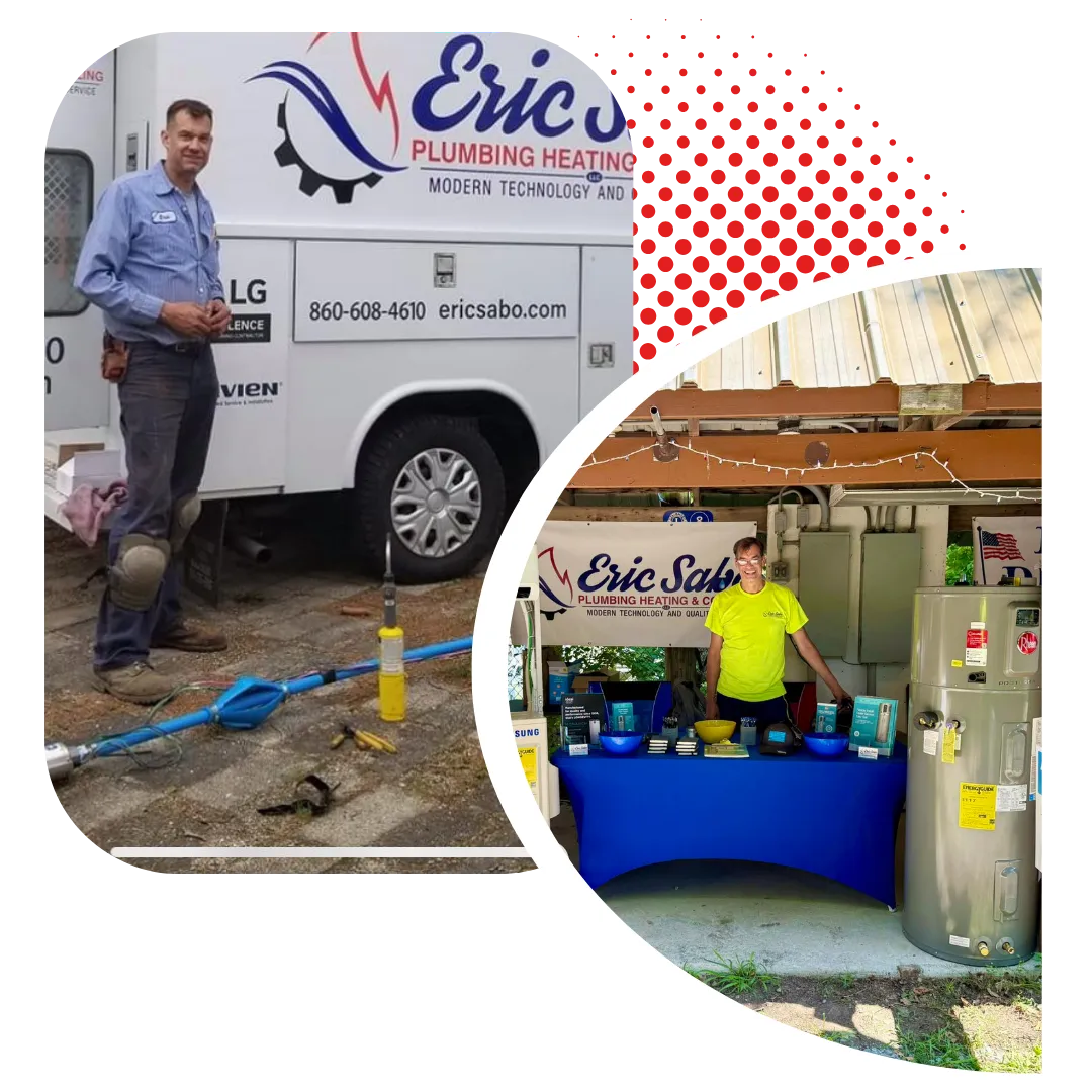 Complete Plumbing Hvac Solutions Canterbury Connecticut Man standing next to a white service van for Eric's Plumbing, Heating & Cooling