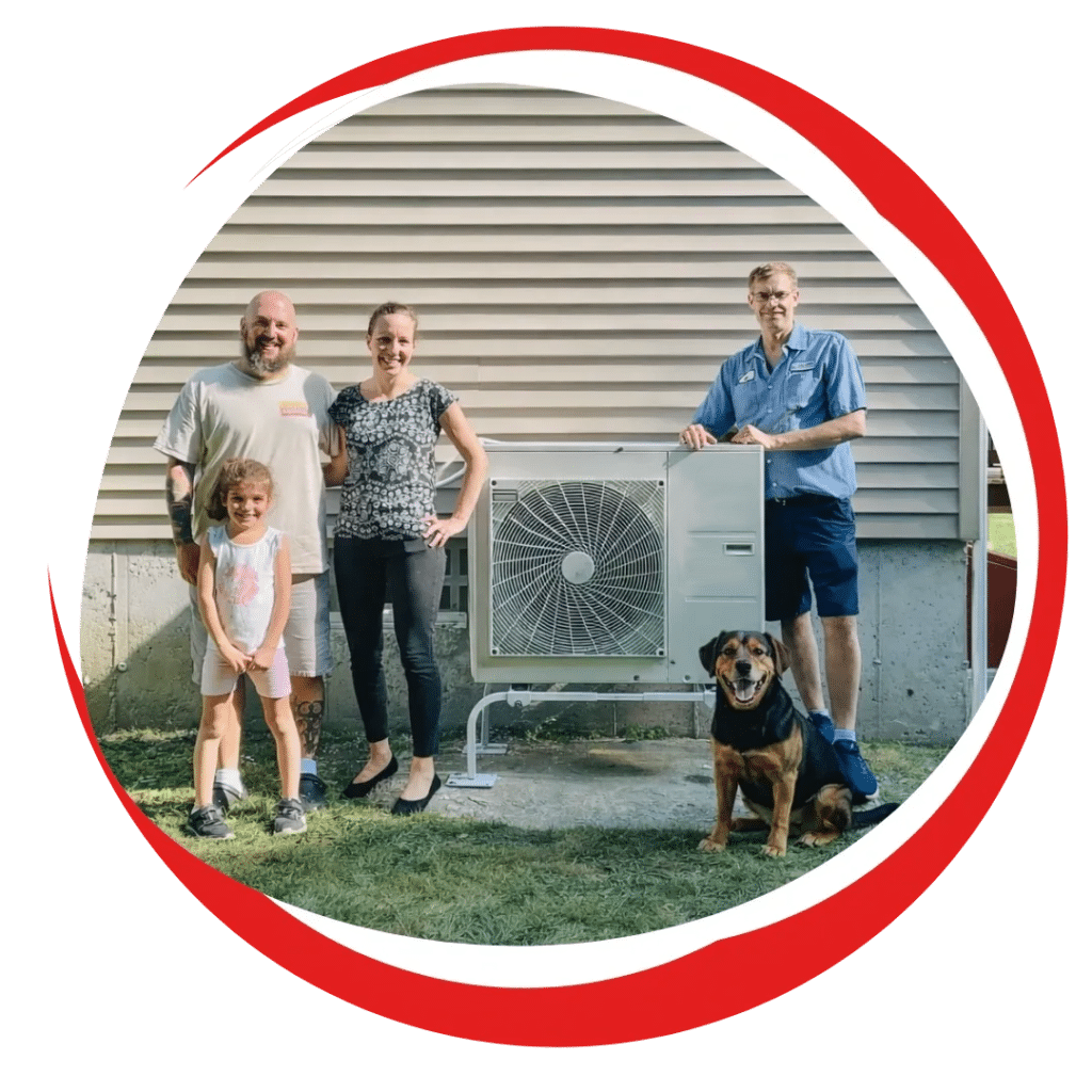 Eric Sabo | A family of three and an HVAC technician stand outside with a new heat pump and ductless ac installed