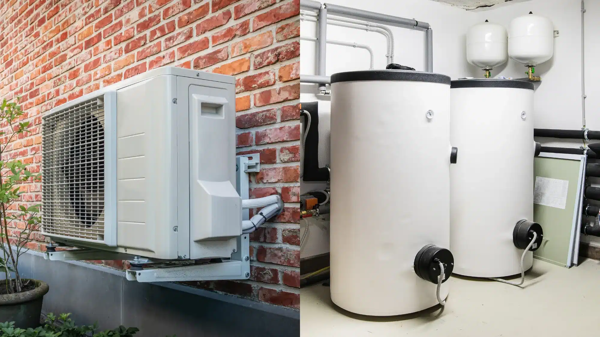 Comparison of boiler heating system and modern heat pump unit installed in residential home for energy-efficient heating options